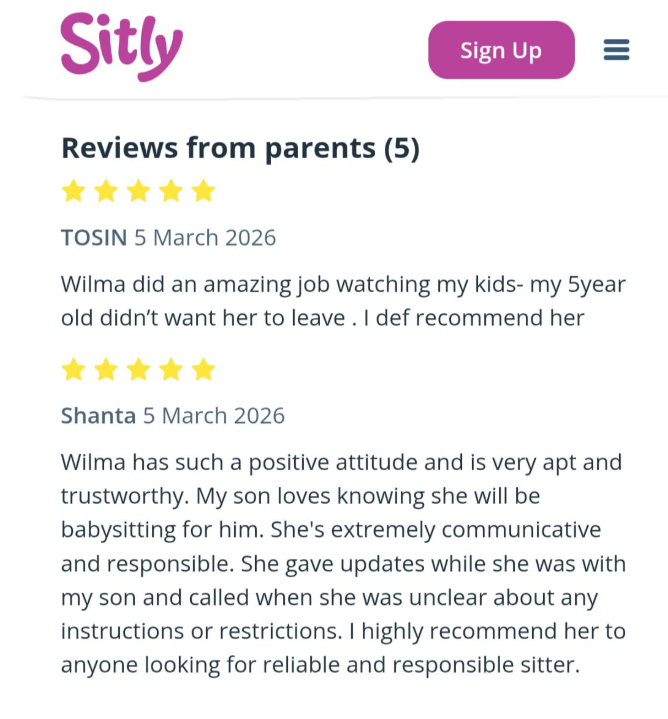 two good parents'reviews of a Sitly babysitter